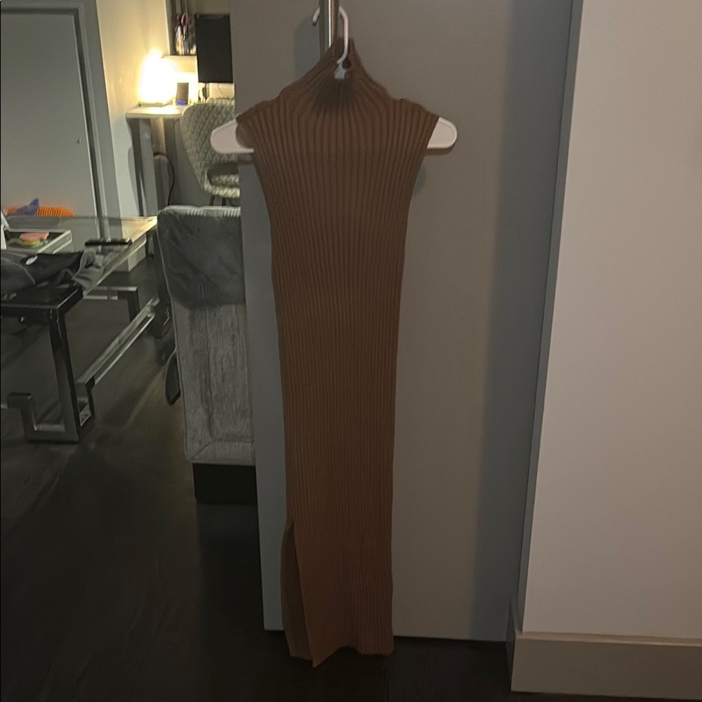 Brown Bodycon Sleeveless Sweater Midi Dress with Mock Neck